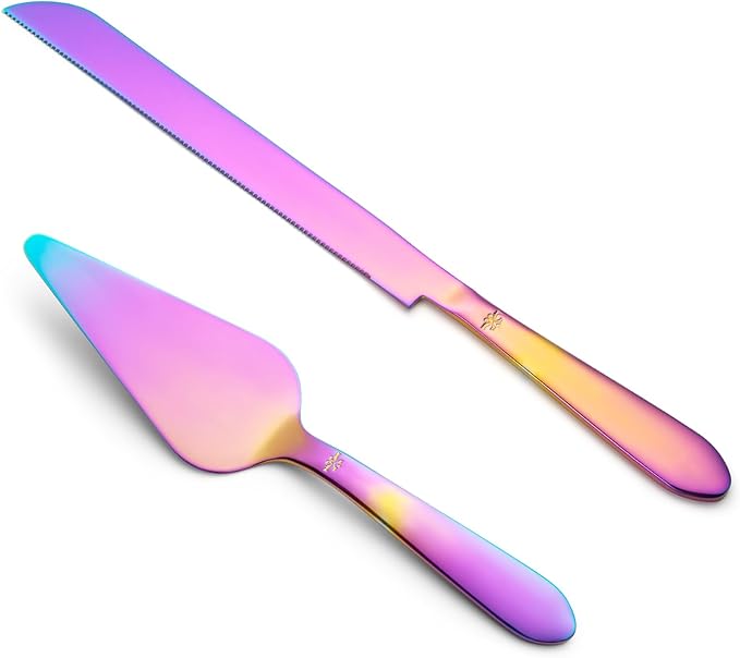 Cake Cutting Set for Wedding, Elegant Cake Knife and Server Set with Thickened Stainless Steel Rounded Edges, Cake Cutter and Pie Spatula for Birthday Anniversary, 2 Pcs, Multipurple