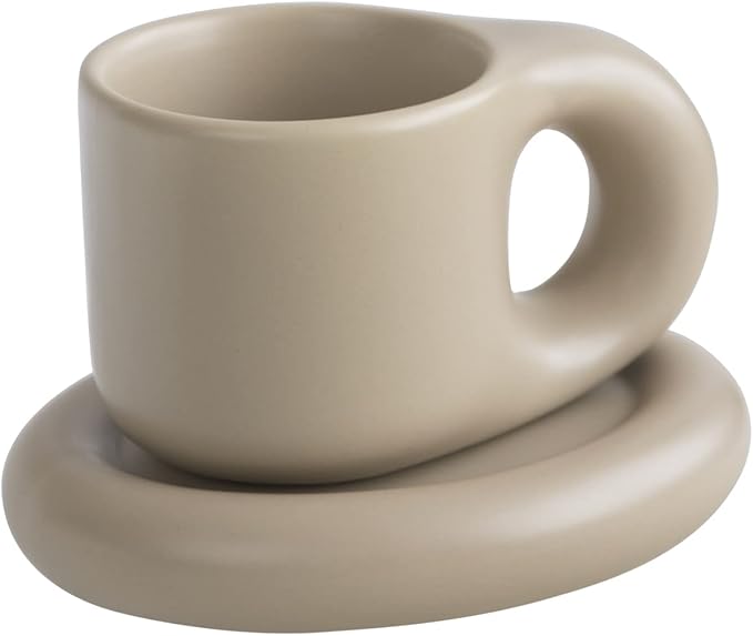 WENSHUO Chubby Funny Coffee Mug, Novelty Cute Cup and Saucer, Matte Cr챔me, 9 oz (Coconut Caf챕)