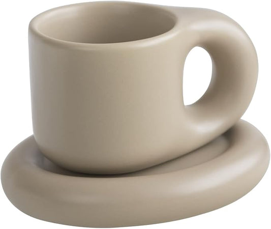 WENSHUO Chubby Funny Coffee Mug, Novelty Cute Cup and Saucer, Matte Cr챔me, 9 oz (Coconut Caf챕)