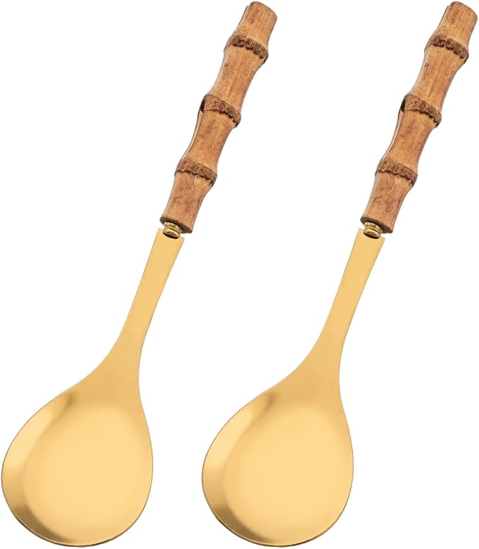 Serving Spoons Set of 2, 10.0" Stainless Steel Serving Spoons with Natural Bamboo Handle, Gold Large Serving Utensils of Spoons, Big Ladle for Buffet, Party, Banquet, Kitchen, Tablespoons Flatware