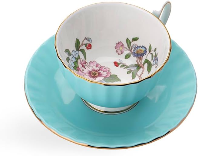 Aynsley Pembroke Glaze Oban 2-Piece Fine Bone China Teacup & Saucer - 6oz (180ml), Handpainted Floral with Gold Trim - Vintage Gift Set-Turq