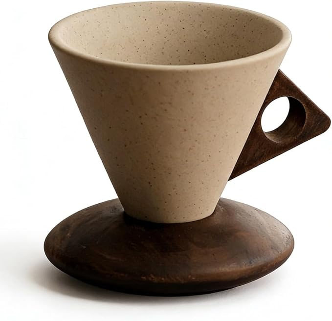 Vintage Coarse Pottery Coffee Mug with Wooden Handle and Saucer, 2026 New Ceramic Cup for Espresso Latte Tea, Wooden Handle Mug Set for Home & Office (Oval base-180ml)