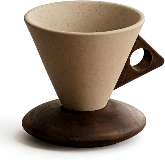 Vintage Coarse Pottery Coffee Mug with Wooden Handle and Saucer, 2026 New Ceramic Cup for Espresso Latte Tea, Wooden Handle Mug Set for Home & Office (Oval base-180ml)