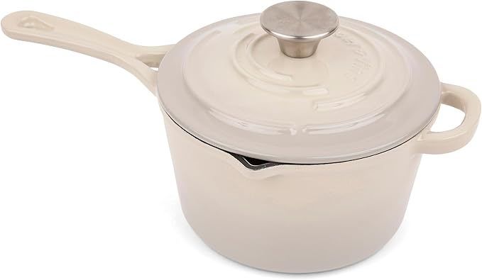 Larder & Vine Enameled Cast Iron Saucepan | 2.2 qt Sauce Pan with Lid | Saucepan with Pour Spouts | Enameled Cast Iron Pot Compatible on All Cooktops & Oven Safe to 500째 F | Stone