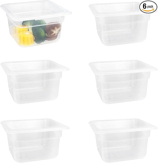 6-Pack Food Pan with Lids, 1/6 Size Food Storage Containers for homes, schools, restaurants, hotels Meal Prep, -40??160?? Stackable, Freezer-Safe (1/6 size 4 inch deep, 1.53L/1.62QT)