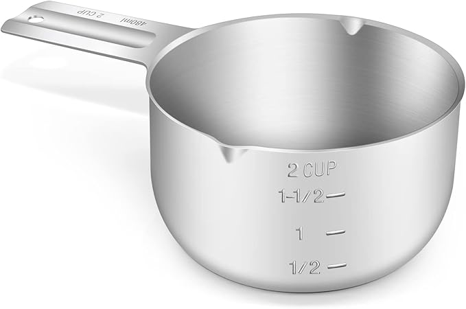 BERYLER 1PCS 2Cup (480ml, 16oz) Single Measuring Cup, Stainless Steel Measure Scoop, Metric and US Measurement, Dishwasher Safe