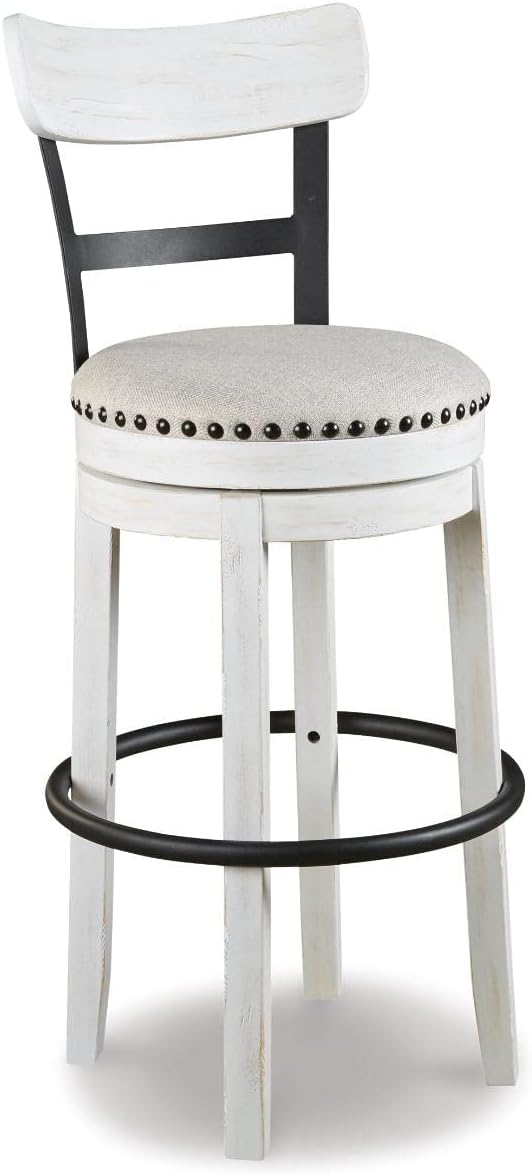 Signature Design by Ashley Valebeck Tall Upholstered Swivel Barstool, Cushioned Seat, Nailhead Trim, Wood and Metal, 30" H, Whitewash