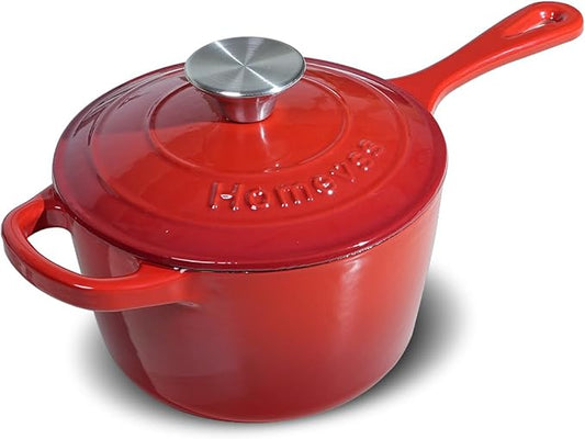 1.75QT Enameled Cast Iron Sauce Pan, Enameled Saucepan with Lid, Small Dutch Oven Cooking Kitchen Pot, Nonstick & Heavy Duty for Cooking Pasta Sauce, Gravy, Puddings, Marinate, Boiling - Red