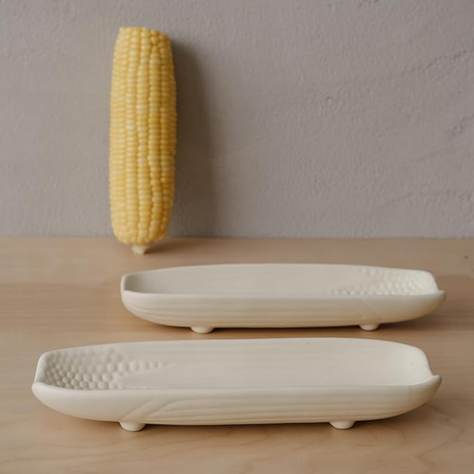 WENSHUO Ceramic Corn Cob Holders, Corn Dishes Set of 4, Microwave Safe, L9 * W3, Matte Cr챔me (Matte Cr챔me)