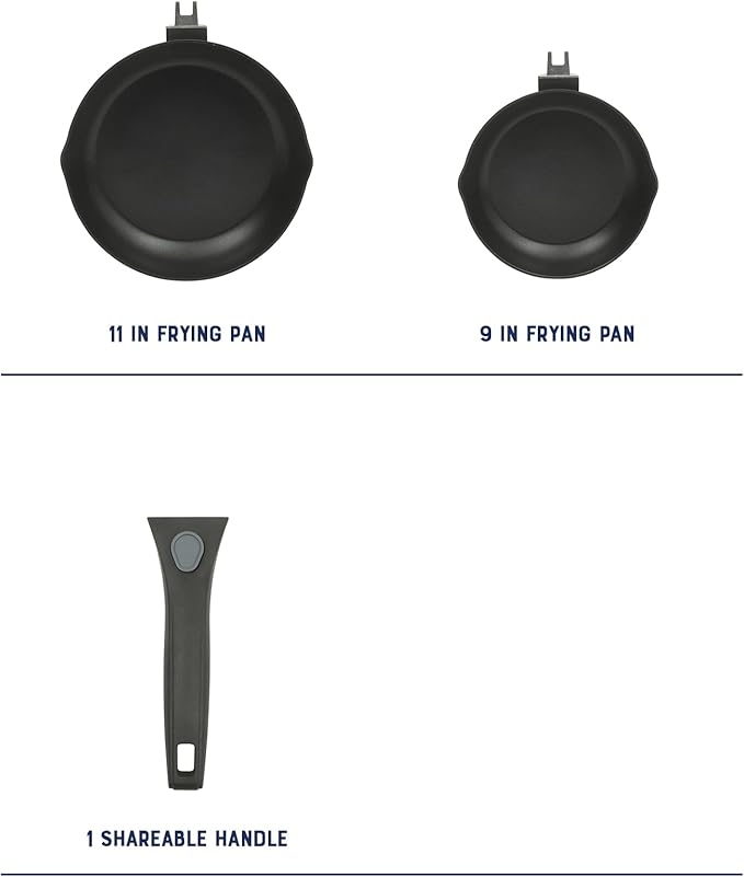 Oster SmartHandle 2-Piece Fry Pan Set, 11-Inch & 9-Inch Nonstick Skillets with Removable Handle ??Oven & Dishwasher Safe, Space-Saving Cookware