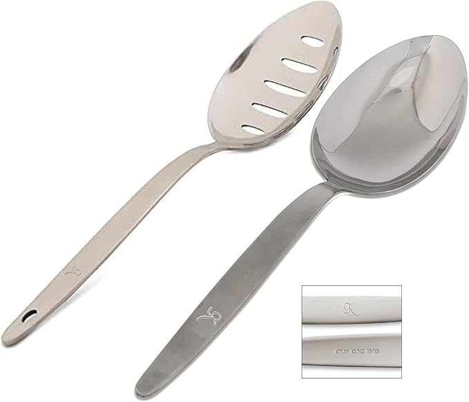 2-Pack Chef Kunz Spoon |18/10 Stainless Steel Serving Spoons | 9 Inch Basting Quenelle Chef Cooking Utensils Dinner Plating Spoon (Regular & Slotted Set)