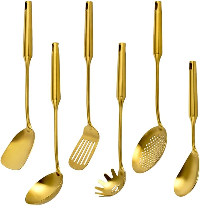 Gold 304 Stainless Steel Kitchen Utensils Set, VALESKA 6 PCS Metal Cooking Utensils Set, metal spoon,Wok Spatula, Ladle, Skimmer Slotted Spoon, Serving Large Spoon, Slotted Spatula Tunner