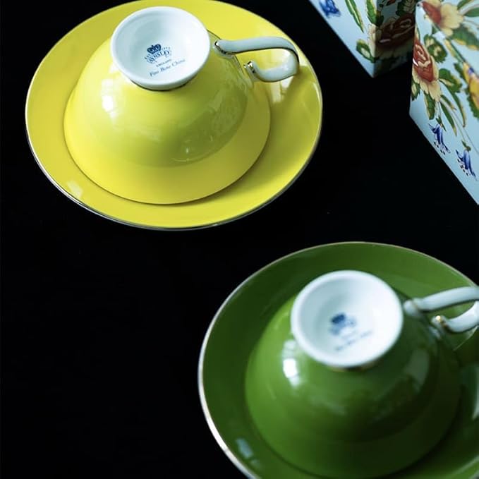 Aynsley Elizabeth Rose Fine Bone China Teacup and Saucer Set - 6.76oz Hand-Painted Gold-Trimmed Floral Vintage Set, Fancy Gift for Christmas/Wedding/New Year(Yellow)