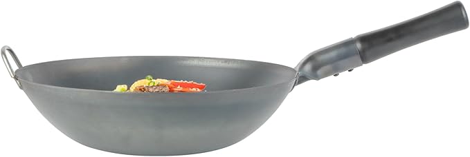 Restaurantware Carbon Steel Wok 10 Pack of 13.3 Inch Heavy-Duty Uniform Heat Distribution Pan Induction Compatible Flat Bottom Wok Welded Handle Black For Gas Stovetops And Grills