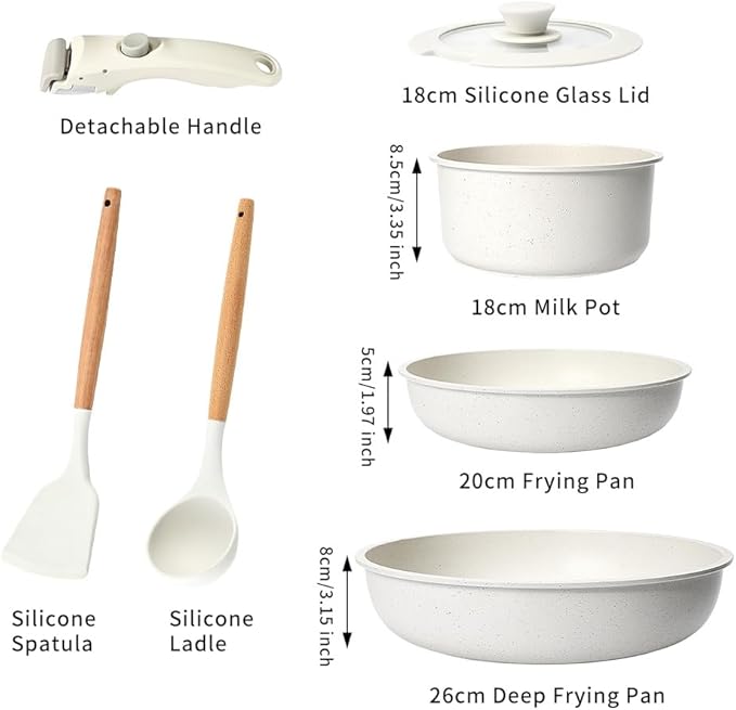 Pots and Pans Set, Non Stick Cookware With Detachable Handle - 7-Piece Stackable Cookware Set Includes 3.35in Milk Pot, 1.97in Frying Pan,3.15in Deep Frying Pan, Easy to Clean, Induction Compatible