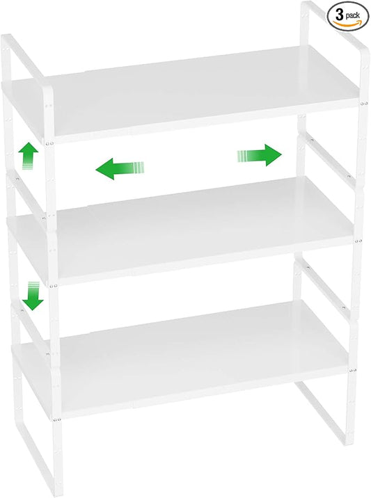 Cabinet Organizer Shelves,Expandable Pantry Counter Inside Cabinet Shelves,Stackable Spice Racks,Storage Shelves for Kitchen Bathroom Under Sink Office,White,D:8.07",3 Packs