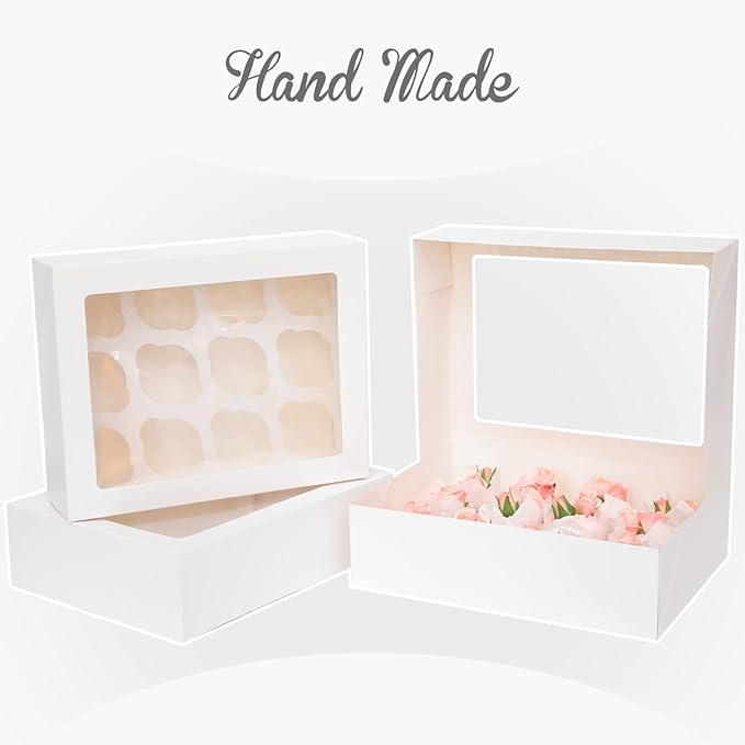 qiqee Auto-pop Up Cupcake Boxes with Window White 40PCS 12 Count Cupcake Box 13"x10"x3.5" Cupcakes Carrier, 12 Cupcake Containers with 2 rolls of pink ribbons
