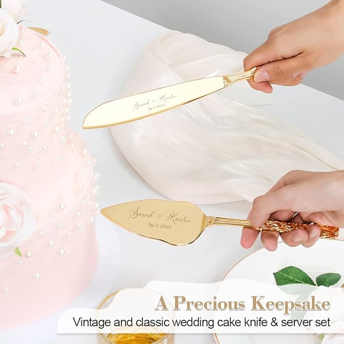 Wedding Cake Knife and Server Set, Personalized Gold Cake Cutting Set for Wedding, Engraved Classic Cake Knives Cutter Set, Pie Server, Birthday Bridal Quincea챰era Gift (CUS-Bow)