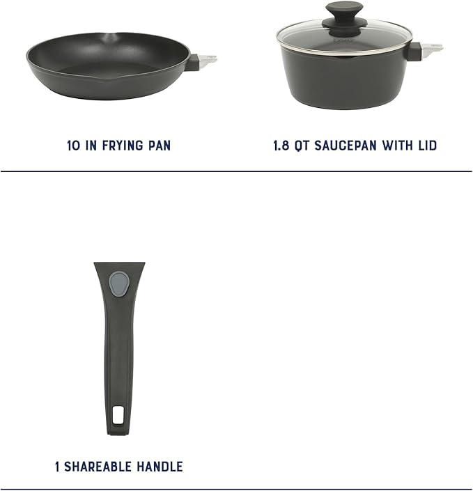 Oster SmartHandle 2-Qt Nonstick Saucepan & 10-Inch Fry Pan with Removable Handle Cookware Set ??Oven & Dishwasher Safe, Space-Saving Cookware