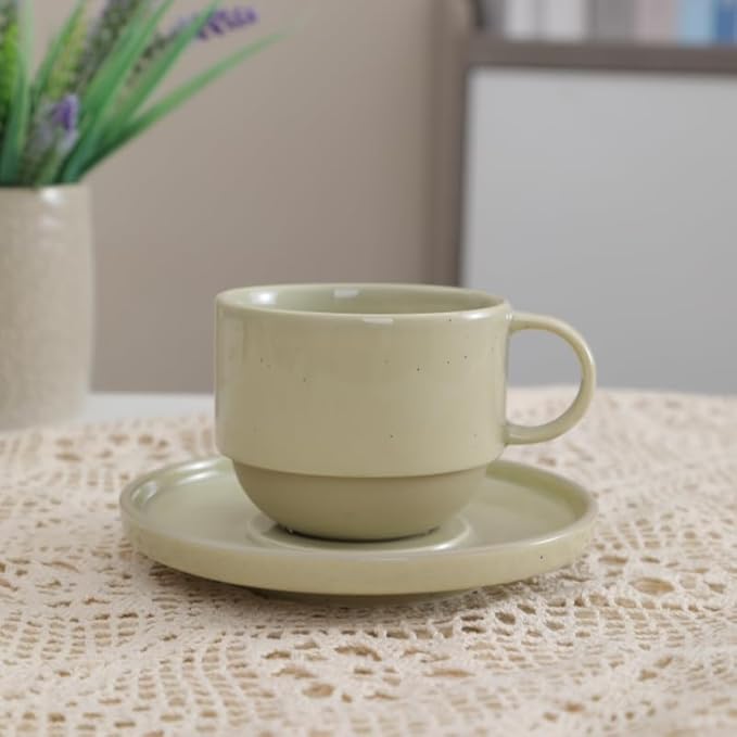 Stackable 8oz Minimalist Handmade Ceramic Cappuccino Espresso Cup with Saucer ??Small Stoneware Coffee Mug, Lead-Free Latte Art Mug竊똇andmade Pottery tea mug or tea cup (Glossy Apricot)