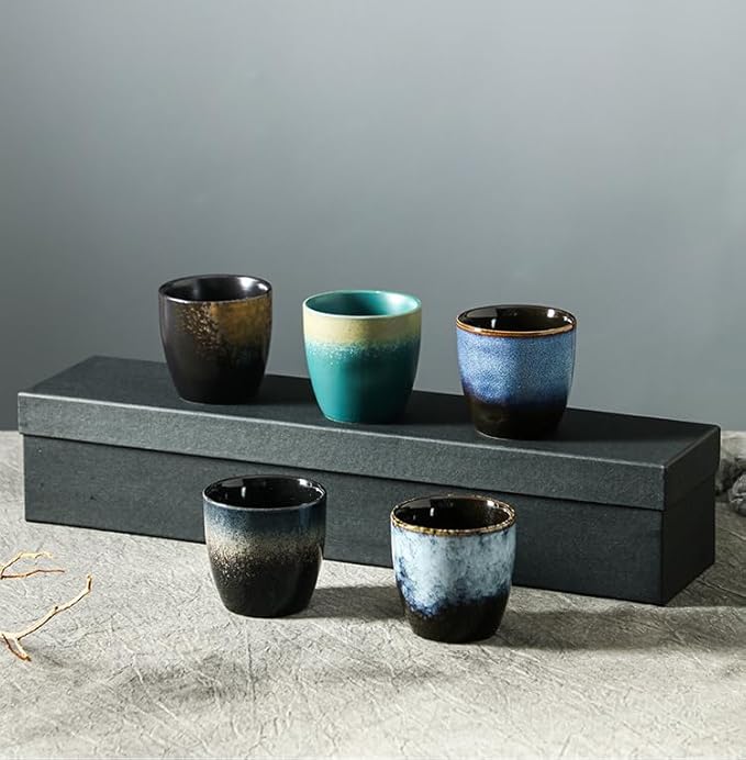 Japanese-Style Kiln Ceramic Tea Cups Set 5 oz Capacity Coffee Sake Cups Yerba Mate Espresso Cup Set of 5 with Box for Gifts
