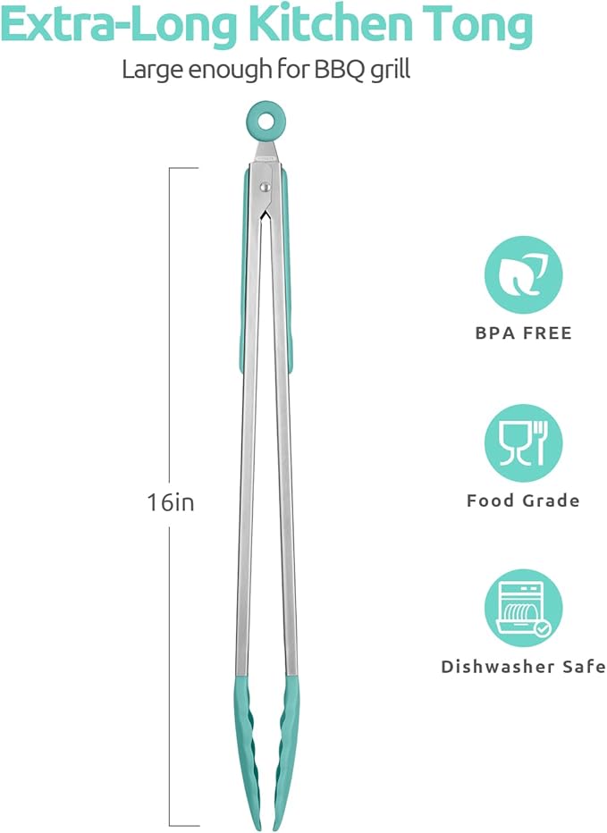 600쨘F Heat Resistant Kitchen Tongs: U-Taste 16 in Extra Long Large Silicone Cooking Tong with Sturdy Non Stick Rubber Tips & Non Slip Silicon Coated 18/8 Stainless Steel Handle for Grill BBQ(Aqua Sky)