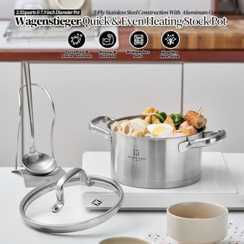 2.82 Quart Stainless Steel Stock Pot, 3-Ply Construction with Aluminum Core, Tempered Glass Lid, Compatible with All Cooktops BPA free(7.68" Diameter)