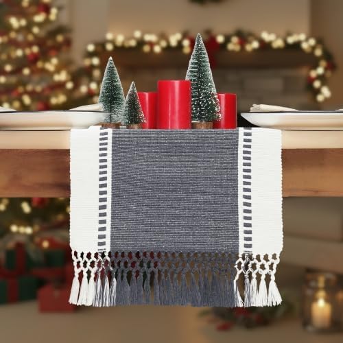 PurpleEssences Table Runner - Wide with Dobby Stripe, Heavy Ribbed Weave & Double Knot Fringes, 14x90 Inch (14x95.5 with Fringes) Farmhouse Decor - Christmas Holiday Winter - Mineral Gray and H.White
