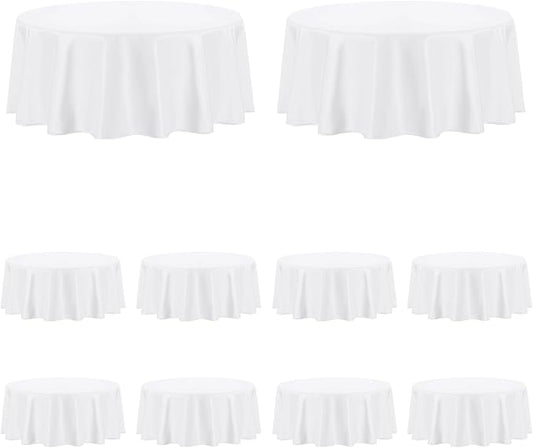 PureFit 10 Pack Round White Table Cloths 120 Inch for Round Tables, Stain and Wrinkle Resistant Table Linens for Home Use, Wedding, Party, Banquet and Camping