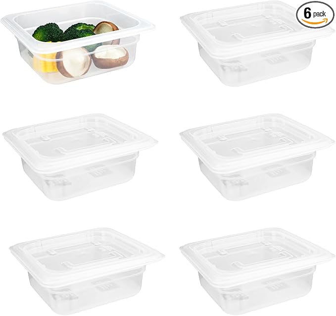 6-Pack Food Pan with Lids, 1/6 Size Food Storage Containers for homes, schools, restaurants, hotels Meal Prep, -40??160?? Stackable, Freezer-Safe (1/6 size 2.5 inch deep, 1.1L/1.1QT)