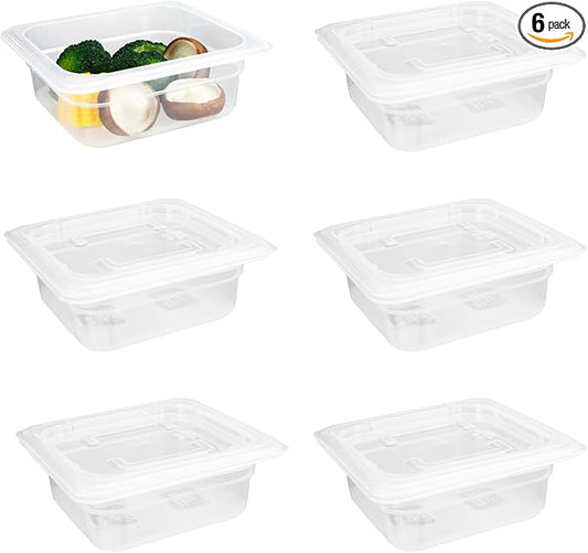 6-Pack Food Pan with Lids, 1/6 Size Food Storage Containers for homes, schools, restaurants, hotels Meal Prep, -40??160?? Stackable, Freezer-Safe (1/6 size 2.5 inch deep, 1.1L/1.1QT)