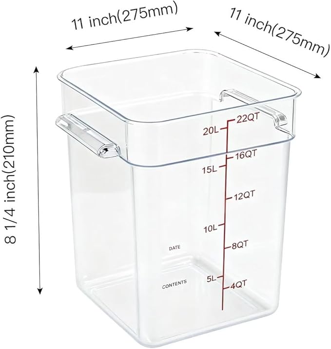 4 Pack Food Storage Containers with Red Lids, 22.0 Qt - Square, Clear, Polycarbonate, for Restaurant Commercial Kitchen and Home party