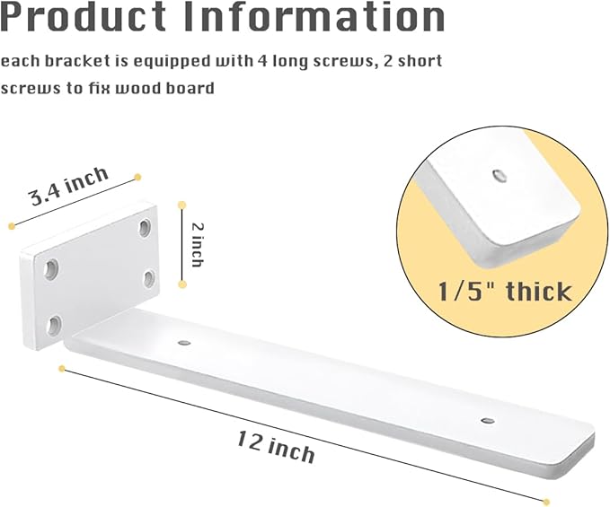 8 Pack Shelf Brackets White 12 Inch Floating Shelf Bracket 1/5 inch Thick Heavy Duty Hidden Shelf Brackets Iron Metal Brackets for Shelf Support with Screw Included