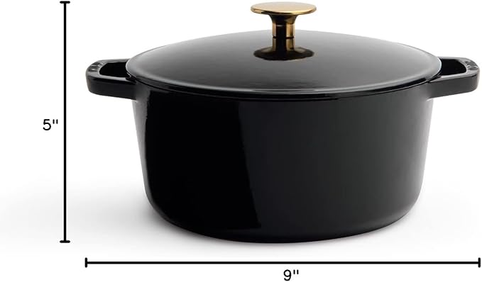 Milo by Kana 3.5-quart Enameled Cast Iron Dutch Oven with Lid | Premium Casserole Cooking Pot | Enamel Coating Inside and Out | Oven Safe and Dishwasher Friendly (Gloss Black with Gold Knob)