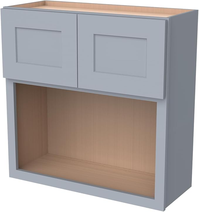 Solid Wood RTA Wall Microwave Cabinet with Open Shelves ??Shaker Style, Space-Saving Kitchen Pantry Storage, Durable and Versatile Wall-Mounted Organizer (SK-Grey, 30" W x 24" D x 30" H)