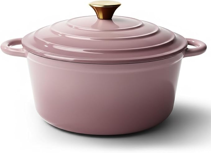Vintage Style 4.5 Quart Dutch Oven Pot with Lid, Non Stick Enameled Cast Iron Dutch Oven for Bread Baking, Heavy-Duty, Oven Safe Ceramic Cookware Up to 500째F for Baking, Braising, Stews, Roasting, Pink