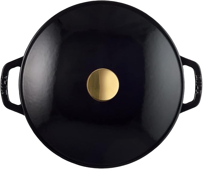 Milo by Kana 5.5-quart Enameled Cast Iron Dutch Oven with Lid | Premium Casserole Cooking Pot | Enamel Coating Inside and Out | Oven Safe and Dishwasher Friendly (Gloss Black with Gold Knob)