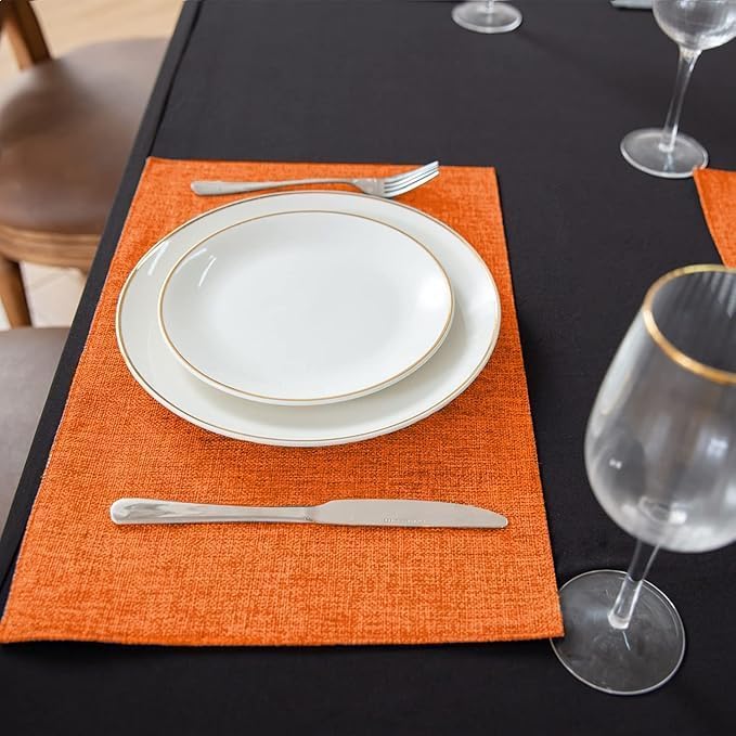 Rinpon Linen Placemats Set of 8, Machine Washable, Heat Resistant, Wrinkle Free, Thick Polyester Kitchen Place Mats for Dining Table (Orange)