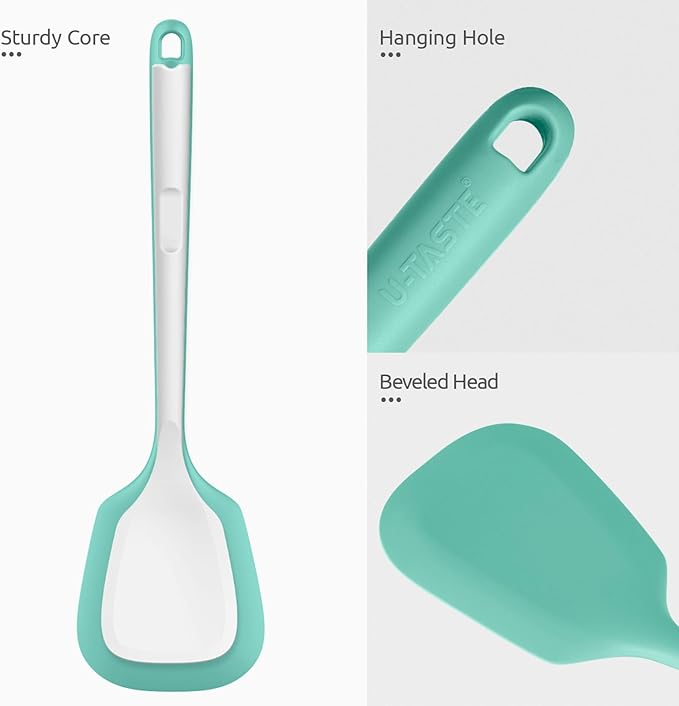 U-Taste 600쨘F Heat Resistant Silicone Turners: 13.6in Long Solid & Slotted Kitchen Spatula Flipper, Wide and Large Flexible Cooking Utensil for Flipping Egg, Pancake, Cookie (Aqua Sky, 2PCS)