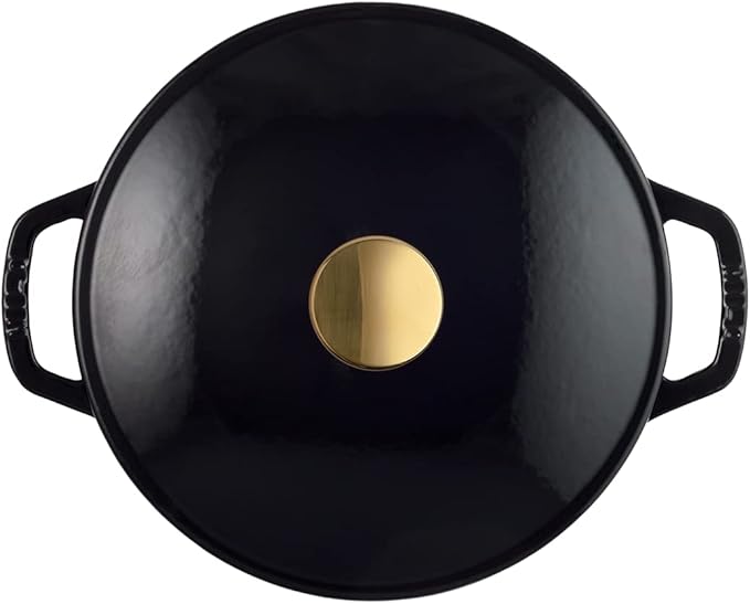Milo by Kana 3.5-quart Enameled Cast Iron Dutch Oven with Lid | Premium Casserole Cooking Pot | Enamel Coating Inside and Out | Oven Safe and Dishwasher Friendly (Gloss Black with Gold Knob)