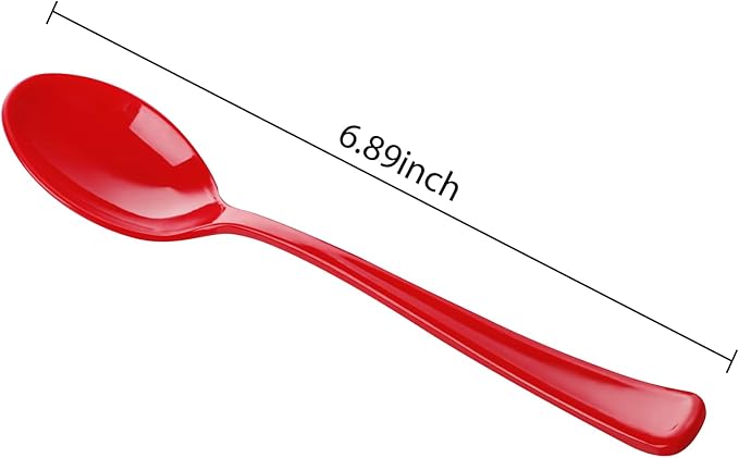 WDF 100 Pack Red Plastic Spoons - 6.9 Inch Heavy Duty Red Disposable Plastic Spoons - Modern Red Disposable Spoons Perfect for Tea Party Birthday Valentine's Day