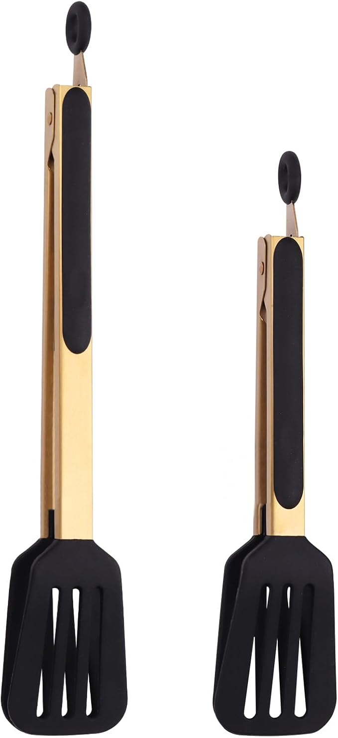 2-Piece Kitchen Spatula Tongs Food Serving Tongs 9" and 12" Cooking with BPA Free Silicone Tips(Gold)