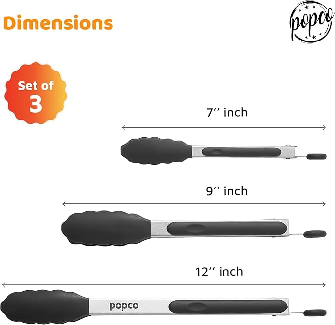 Popco 3-Piece Kitchen Tongs Set ??Stainless Steel Heat Resistant Silicone Tips, Strong Comfort Grip, 3 Sizes (7, 9, 12 Inch), Non-Scratch, Dishwasher Safe, for Cooking, BBQ, Salad