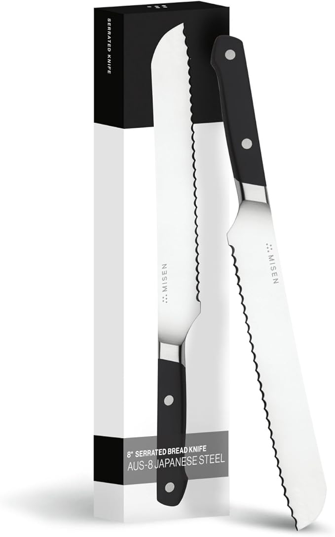 Misen Serrated Bread Knife - High-Carbon Japanese AUS8 Steel - Perfect for Soft Foods, Bread, Pastries, and Fruits - Verstatile Slicer, Razor-Sharp Edge, Durable Blade, Ergonomic Handle - 8", Black