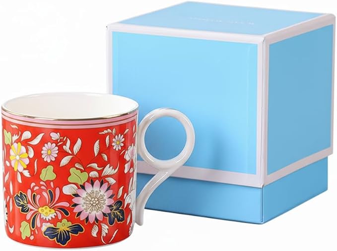 Decorative Ceramic Coffee Mugs, 10.15 fl.oz, Floral Design Collection with Gift Box (red)
