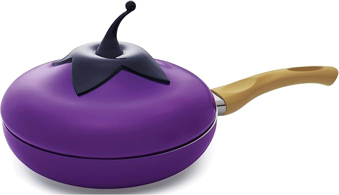 Montgomery Ward Novelty Fry Pan with Lid ??Non Stick Aluminum Fry Pan Featuring Eggplant and Tomato Vegetable Design - Eggplant