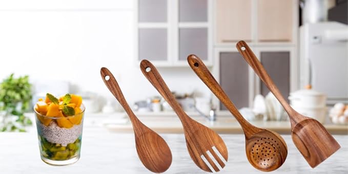 Premium Teak Wood Kitchen Utensils Set - 4 Pcs Wooden Spoons for Cooking - Non-stick Wooden Spatula - Heat Resistant - Non Toxic Kitchen Utensils - Home Cook or Chef's Gift -