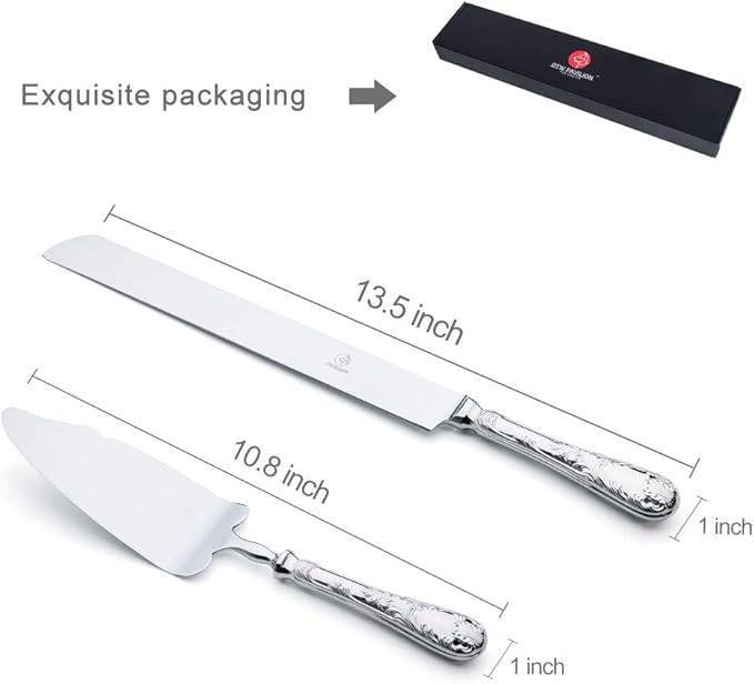 2 Piece Wedding Cake Server Set,18/10 Stainless Steel Dessert Set Pie Server Cake Cutter Knife for Birthday,Anniversary,Holiday,Baby Shower,Party (Versailles, Stainless steel-V)