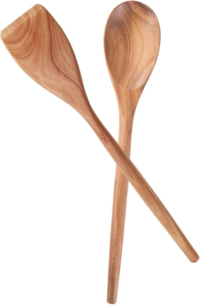 2PCS Acacia Wooden Spoons For Cooking-14 Inch Smooth Finish Cooking Spoons-Comfortable Grip Wood Spoons for Cooking - Non-Stick Cooking Utensils (Spoon + Cooking Spatula)