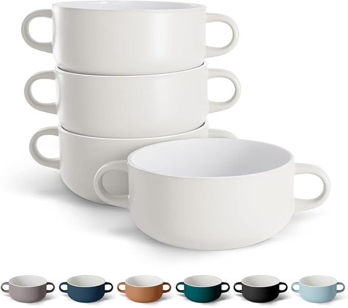 Kook Soup Crocks, Ceramic Bowls, Broil, Oven, Microwave and Dishwasher Safe, with Handles, For Casserole, Pasta, Cereal, 18 oz, Set of 4 (Coconut White)